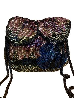 VINTAGE 1980'S BLACK W MULTI COLOR BEADED FLORAL THEME DRAWSTRING SHOULDER BAG